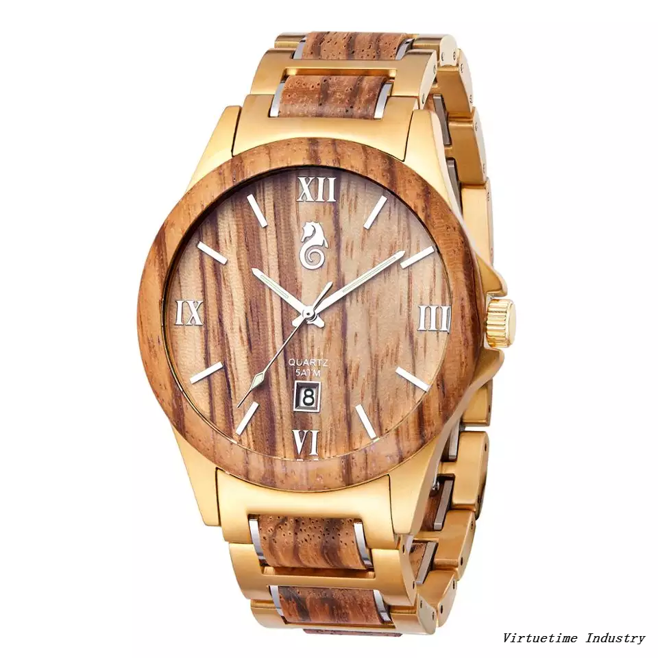 Men's Stainless Steel Wooden Watch with Japanese Movement