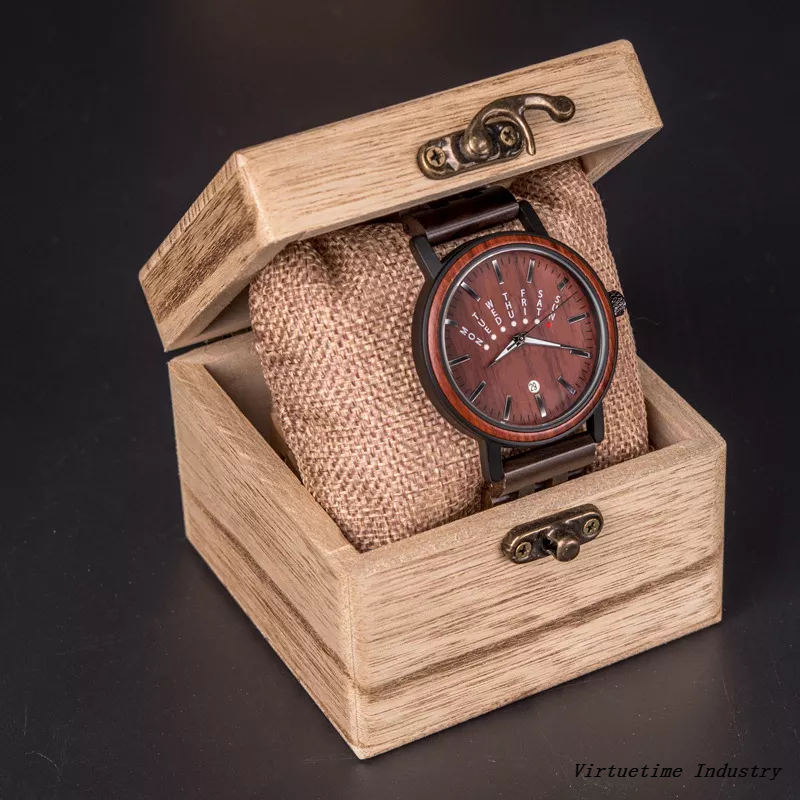 Antique Wooden Watch Metal Case Hand-Made Weekly Calendar Environmental-Friendly Wood Crafts Men Luminous Watches