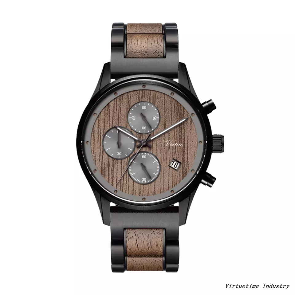 Black Stainless Steel Walnut Wood Men's Watch Dropshipping Low MOQ Custom Logo 5ATM Quartz Wooden Watches
