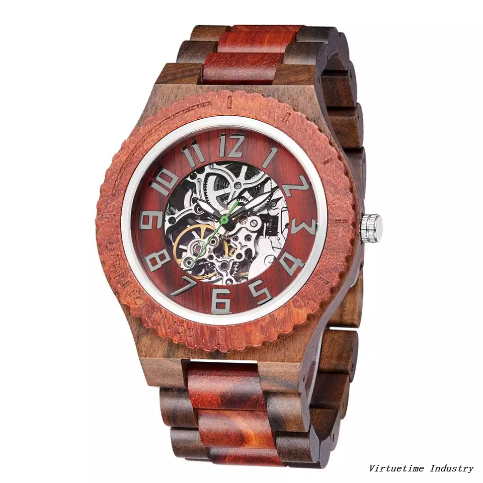 Waterproof Red Wooden Skeleton Dial Automatic Mechanical WristWatch