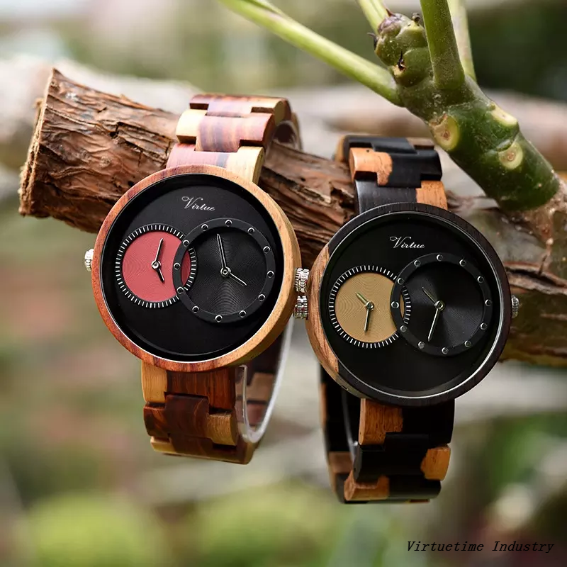 Handmade Colorful Wooden Watch with Luxury Dual Display Custom Brand Antique Japan Movt Quartz Watch
