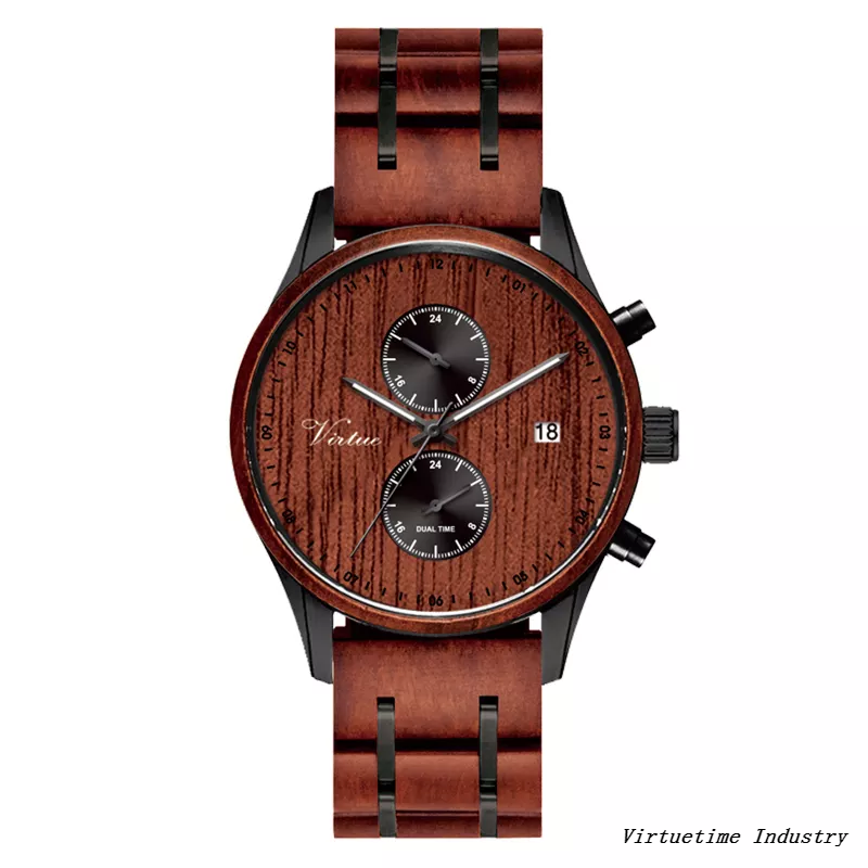 Luxury Bamboo Wooden Watches for Men Custom Logo Low MOQ Chronograph Quartz Stainless Steel Wood WristWatch