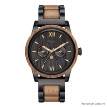 Men Stainless Steel Wooden Watches Luxury Wood Watches with Moon Phase Date Week Custom Logo 5ATM Quartz Watches